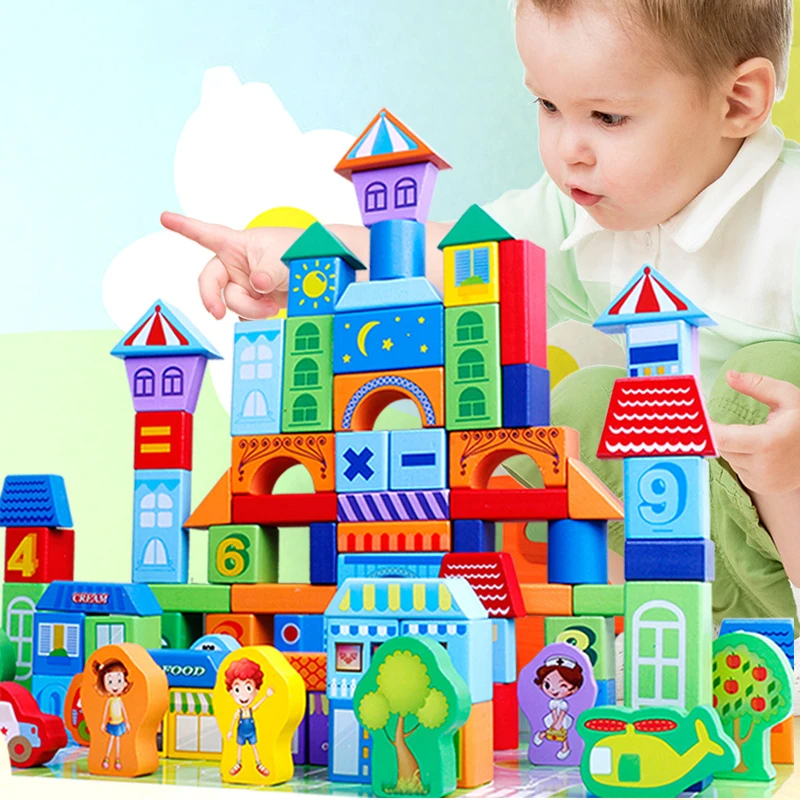 Montessori Educational Wood Toy Color Printing Wooden Building Blocks Set 100 Piece Learning Toys for Children Kids
