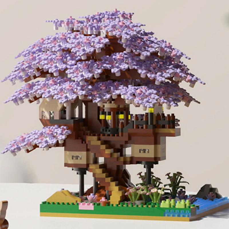 DIY Purple Romantic Cherry Blossom Flower Pink Tree House Train Assembly Building Blocks Classic Model Bricks Sets Kid - Image 2